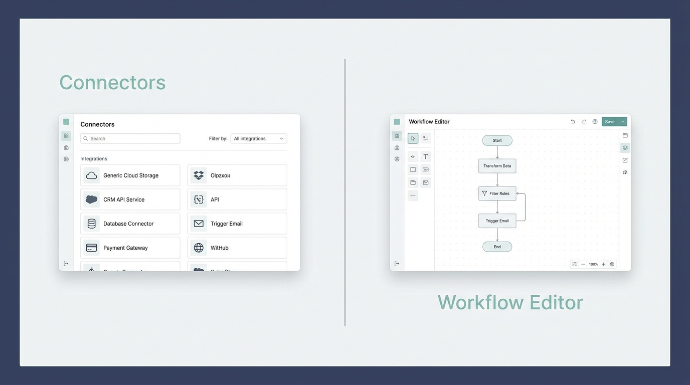 Side by side illustration of a cloud connectors directory and a self hosted workflow editor with neutral divider Stack and Method style n8n vs power automate