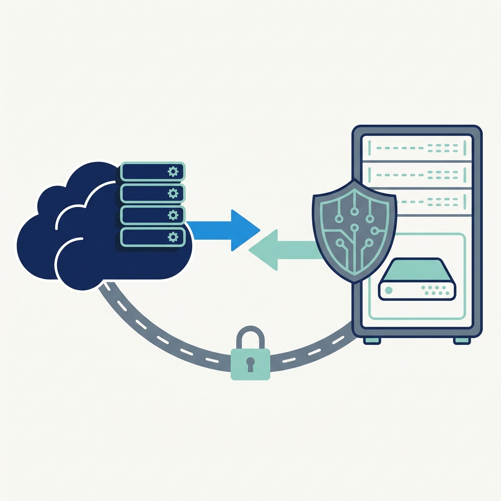 Minimal 2D vector diagram comparing n8n vs power automate showing Microsoft tenant flows on the left and a self hosted n8n instance behind customer infrastructure on the right connected by a secure tunnel