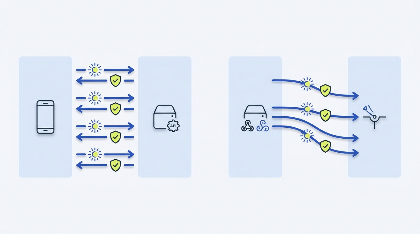 Editorial full frame diagram illustrating webhook vs api integration showing client polling a REST API on the left and provider pushing webhooks on the right with unlabelled CloudEvents event icon and HTTP Message Signatures shield icon