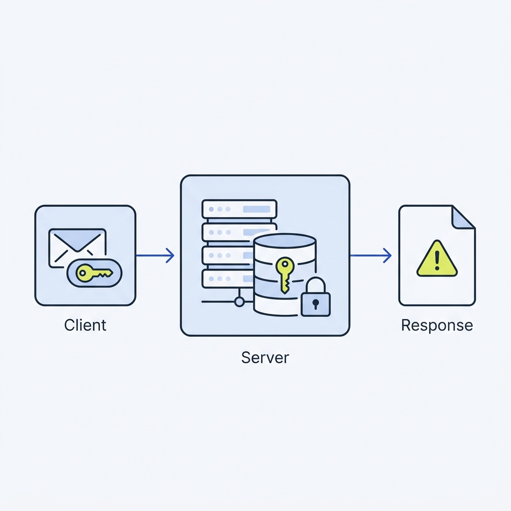 Minimalist 2D vector diagram showing a safe REST write flow with an idempotency key header icon client to server key storage and a Problem Details error card illustrating webhook vs api integration