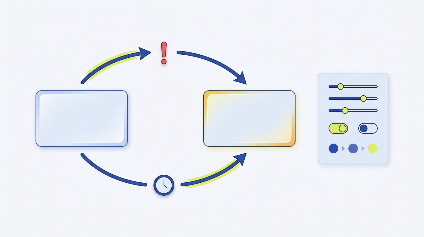 Full frame editorial flow canvas showing a try scope and a catch scope connected by run after arrows with a failure icon and timeout clock and a simplified retry policy panel workflow automation error handling retries