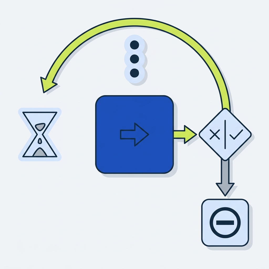 Minimal 2D vector diagram of a do until loop with iteration counter icon, delay hourglass, exit condition diamond, a green success path returning to the loop and a failed path ending at a terminate tile illustrating workflow automation error handling retries