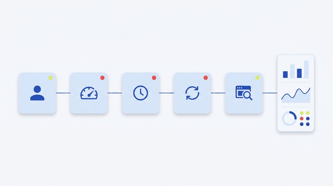 Minimalist full frame diagram of a workflow pipeline with five unlabeled icons for auth rate limits timeouts retries and an observability panel with failure markers workflow automation error handling retries
