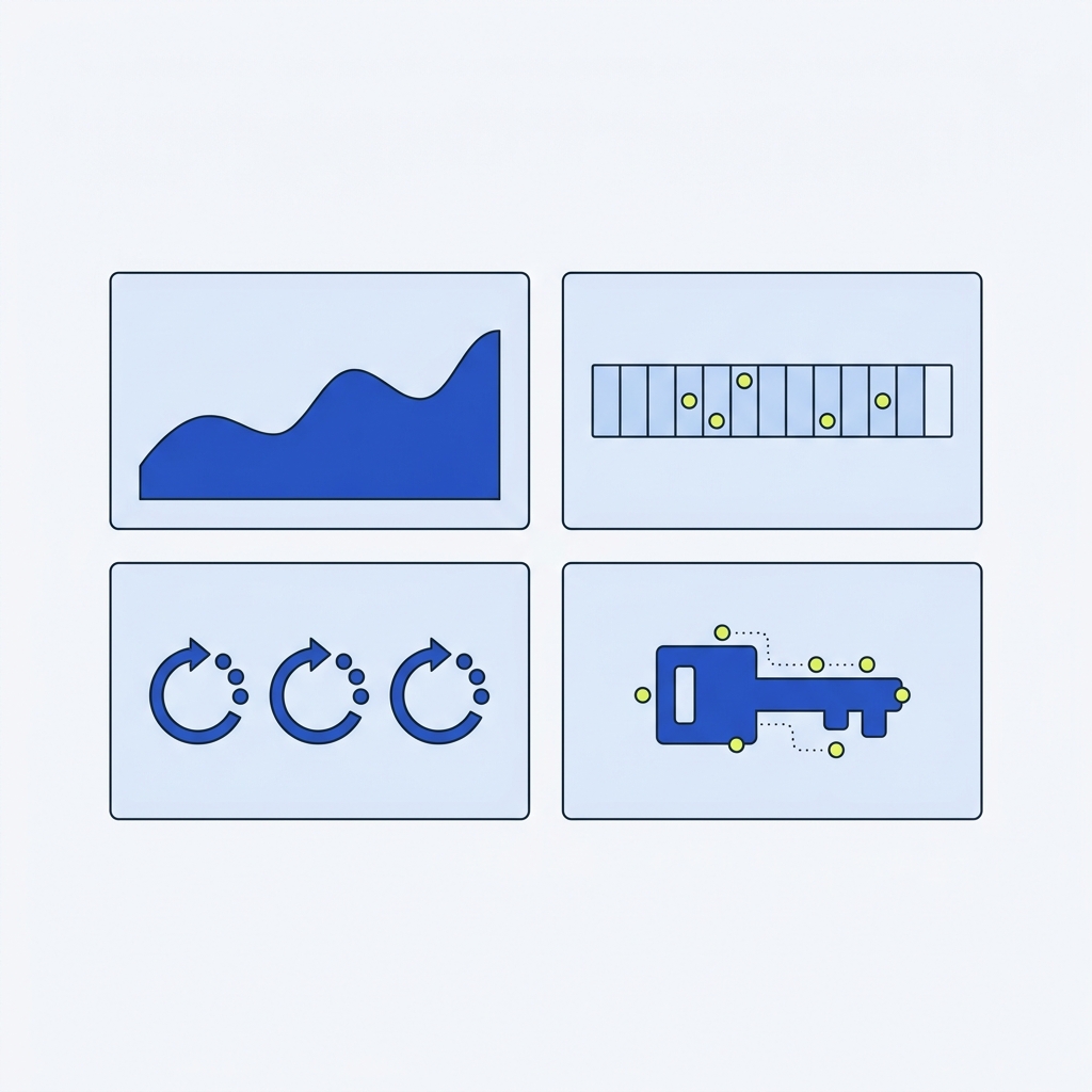 Minimal 2D vector dashboard mock for workflow automation error handling retries showing four unlabeled metric cards with sparkline bar retry loops and key hit dots in Stack and Method palette