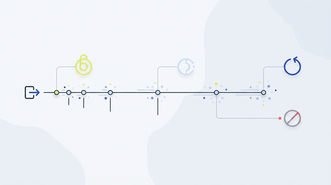 Minimal full frame editorial diagram of a client retry timeline showing exponential backoff and jitter with pictograms for abort condition and circuit breaker states in brand colors workflow automation error handling retries