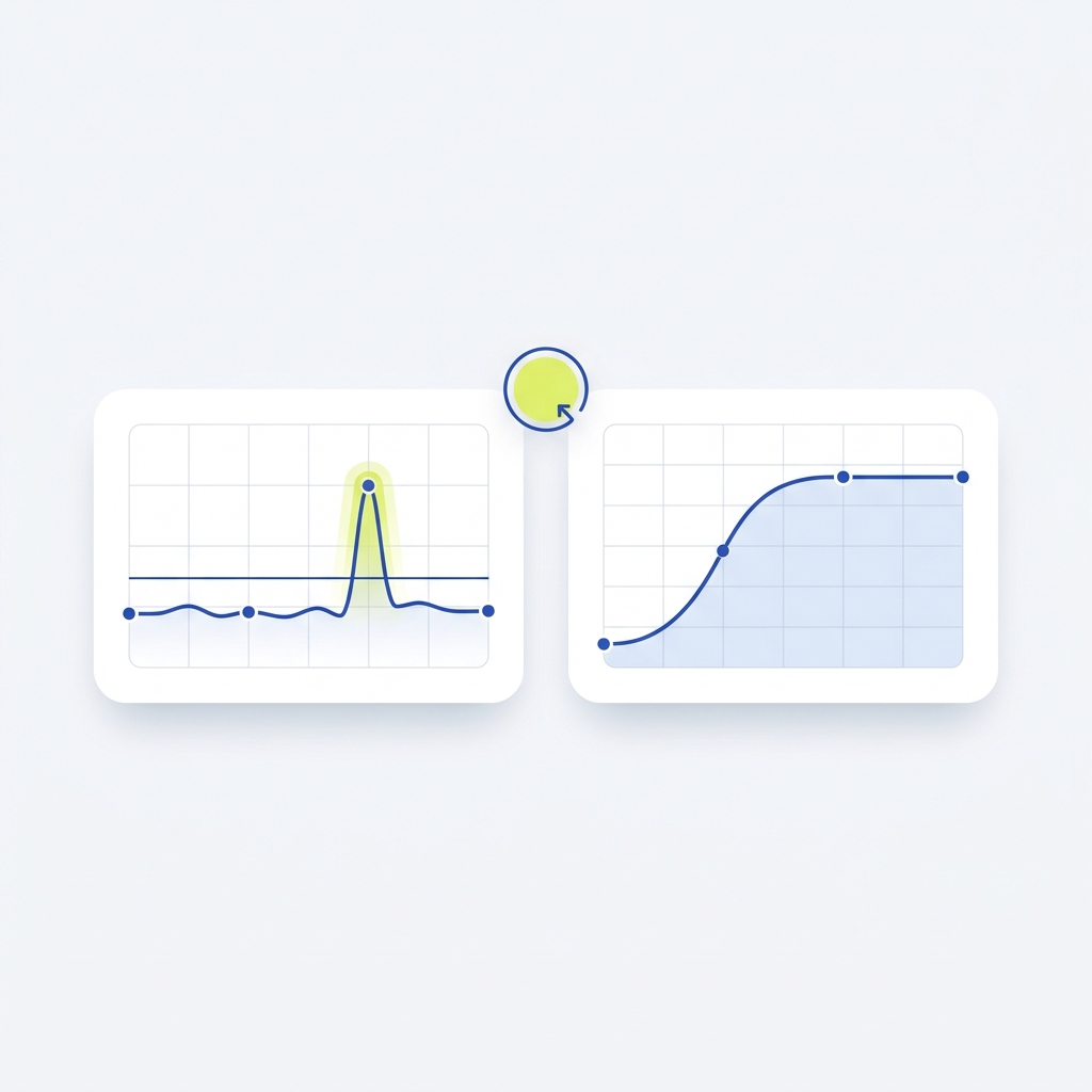 Minimal 2D vector monitoring dashboard mock showing 5xx rate line with an alert threshold and a highlighted transient spike and a retry attempts line with a sustained plateau in Stack and Method brand colors workflow automation error handling retries