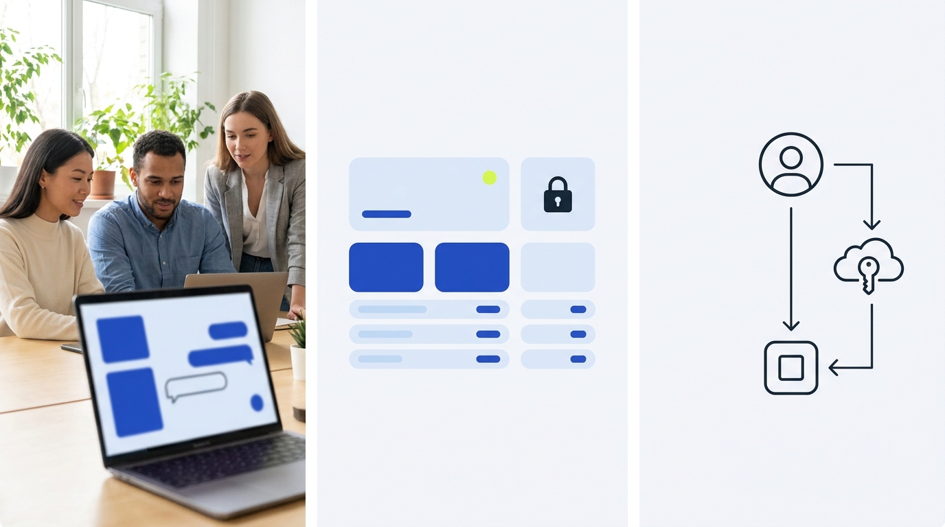 Team at a desk around a laptop showing a blurred chat panel alongside a generic password vault mockup and a simple unlabelled SSO flow diagram password manager teams sharing