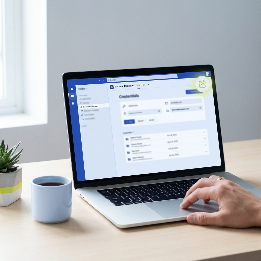 Close up laptop screen on a tidy desk showing a team collaboration app tab open to a password manager with blurred credentials and a highlighted share icon illustrating password manager teams sharing