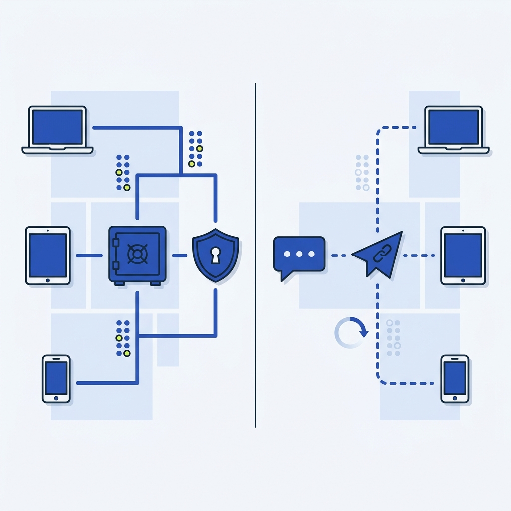Minimal 2D vector diagram comparing shared vault access via SSO and ephemeral chat link sharing to devices with audit markers password manager teams sharing