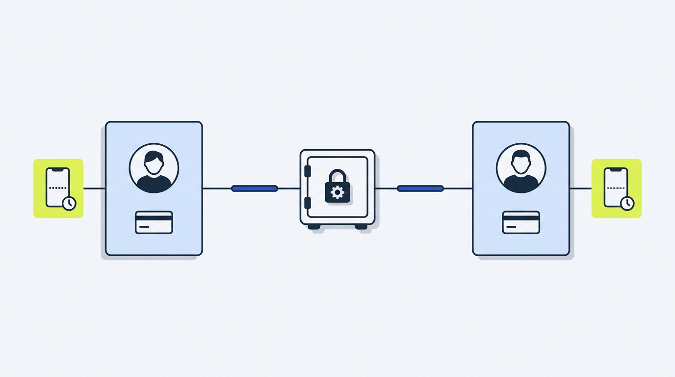 Editorial diagram on pale background showing a shared vault linked to two user accounts each with a per user two factor authentication token highlighted in green illustrating password manager teams sharing