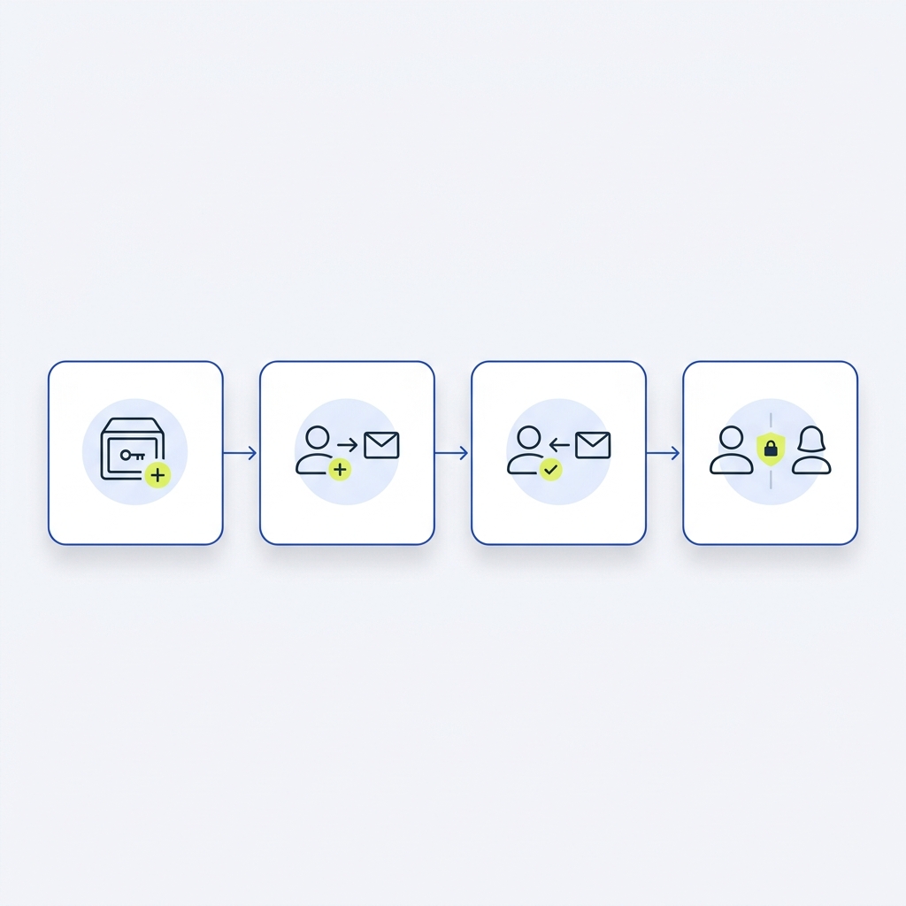 Minimal unlabeled diagram of a four step invite flow for password manager teams sharing showing four rounded UI panels connected by arrows on a pale #F5F7FA background with blue and yellow accents