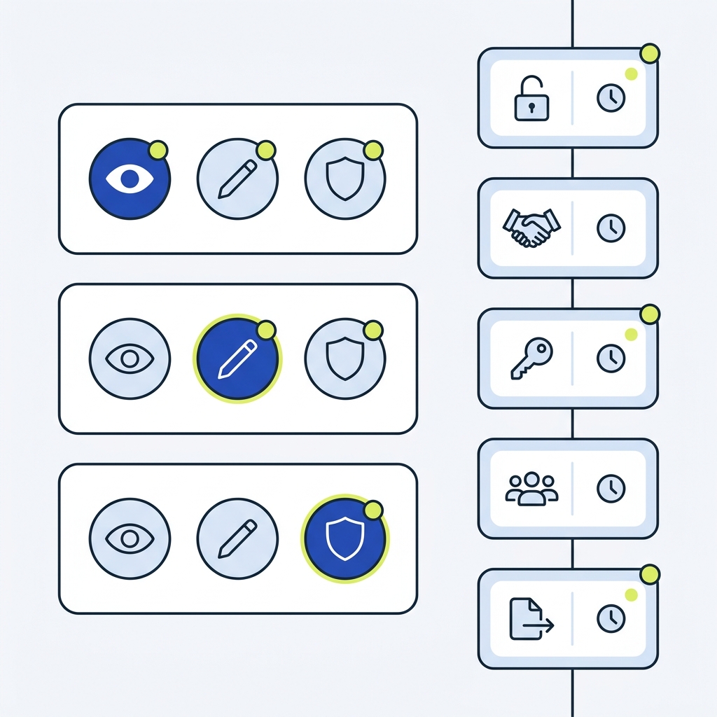 Minimal 2D vector diagram showing a permission matrix and vertical audit timeline with eye pencil and shield icons representing view edit and admin actions for password manager teams sharing