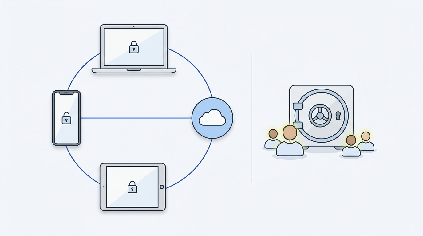 Minimal full-frame diagram showing a single cloud account syncing passwords to multiple devices alongside a shared vault with role icons to illustrate team access and password sharing.