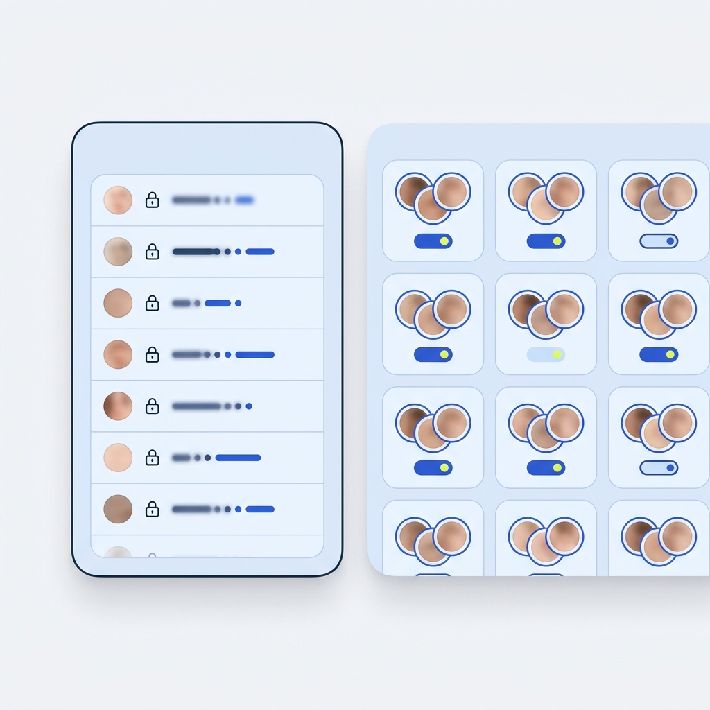 Two side by side editorial UI panels showing an account bound password list and a team vault with role badges and avatars on a light branded background password manager teams sharing