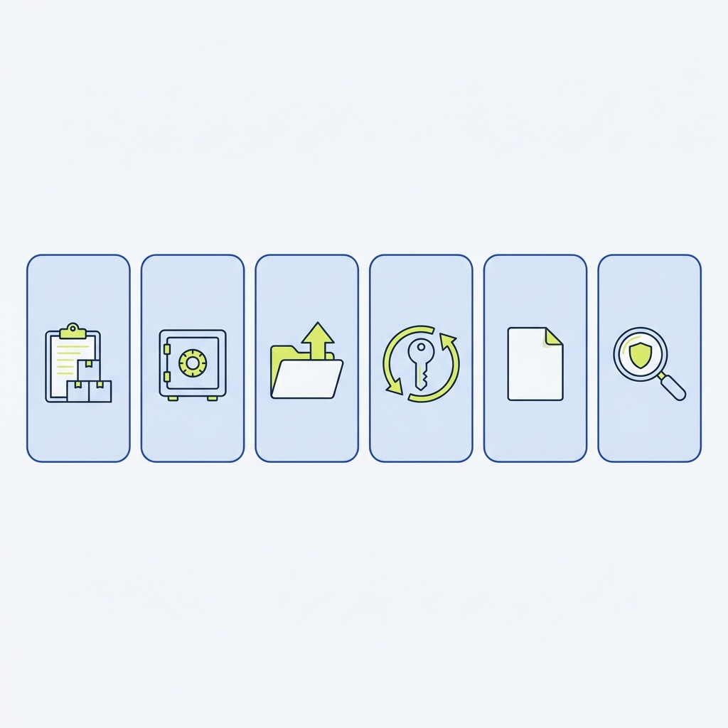 Minimalist 2D vector checklist diagram showing six icon cards in a horizontal flow representing inventory pilot vault migrate rotate document review for password manager teams sharing
