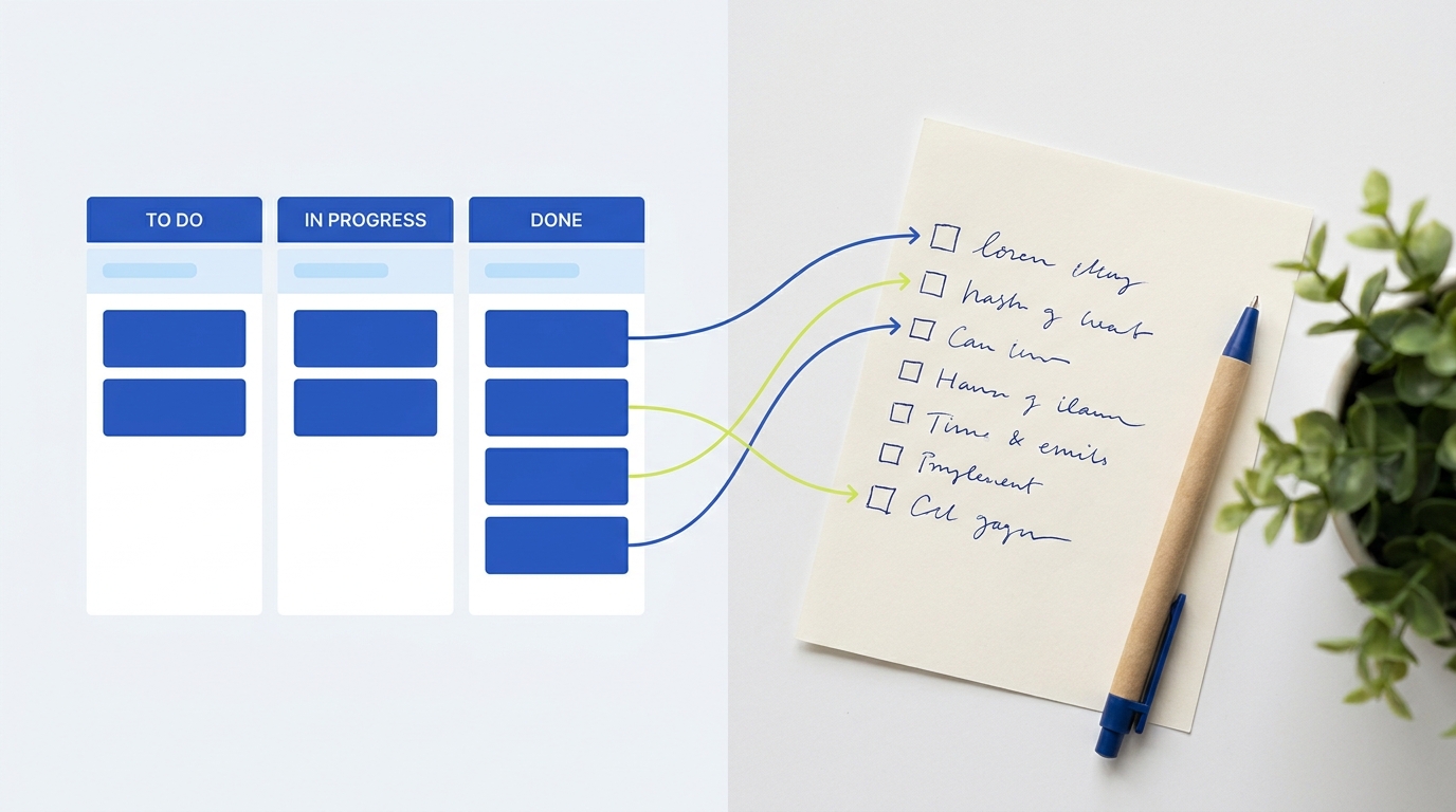 Full frame editorial image of a clean kanban dashboard mockup beside a handwritten to do list showing flow and queues project management kanban vs to do list