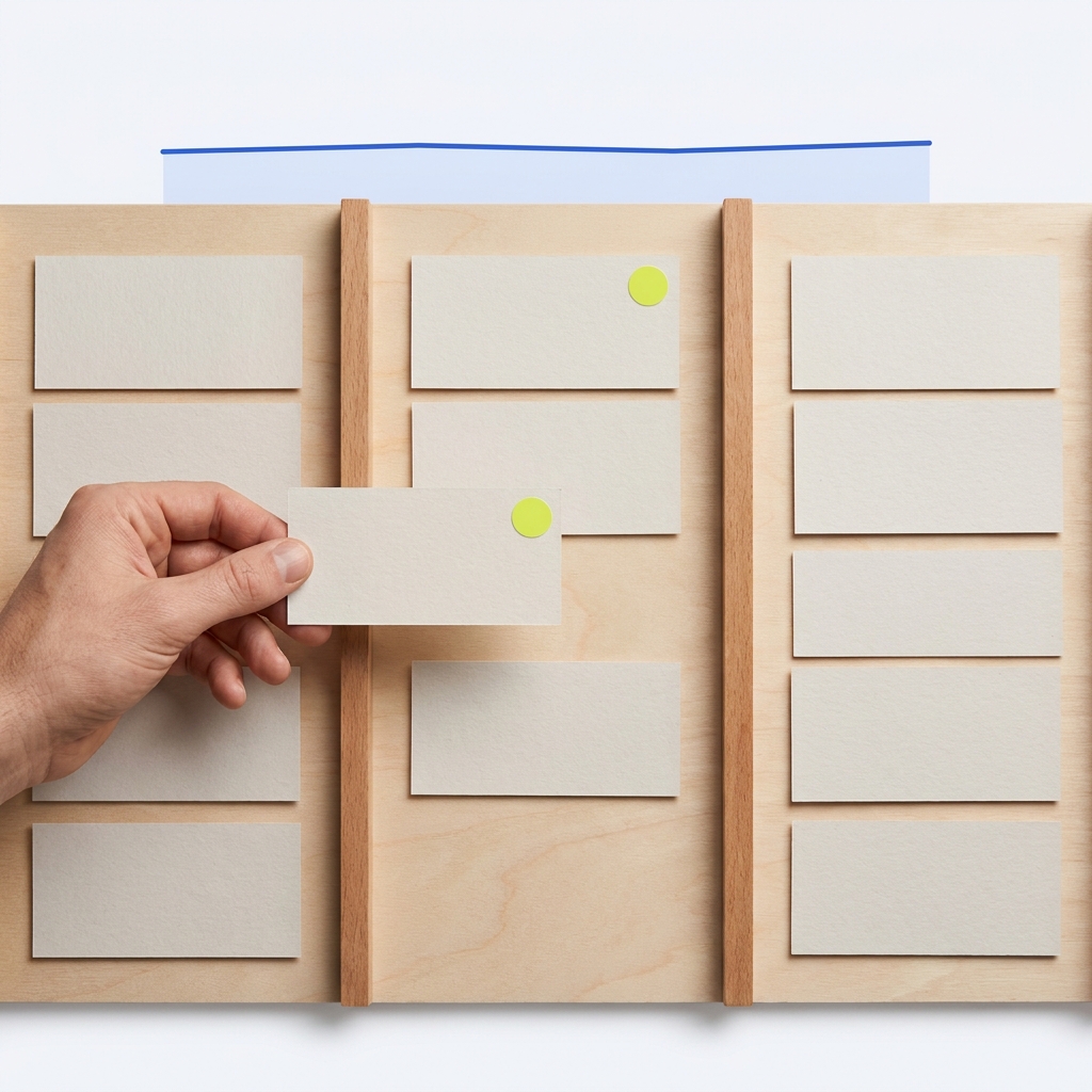 Minimalist full frame close up of a physical Kanban board with three unlabeled columns blank paper cards a small round green WIP marker and a simple unlabeled cycle time line overlay project management kanban vs to do list