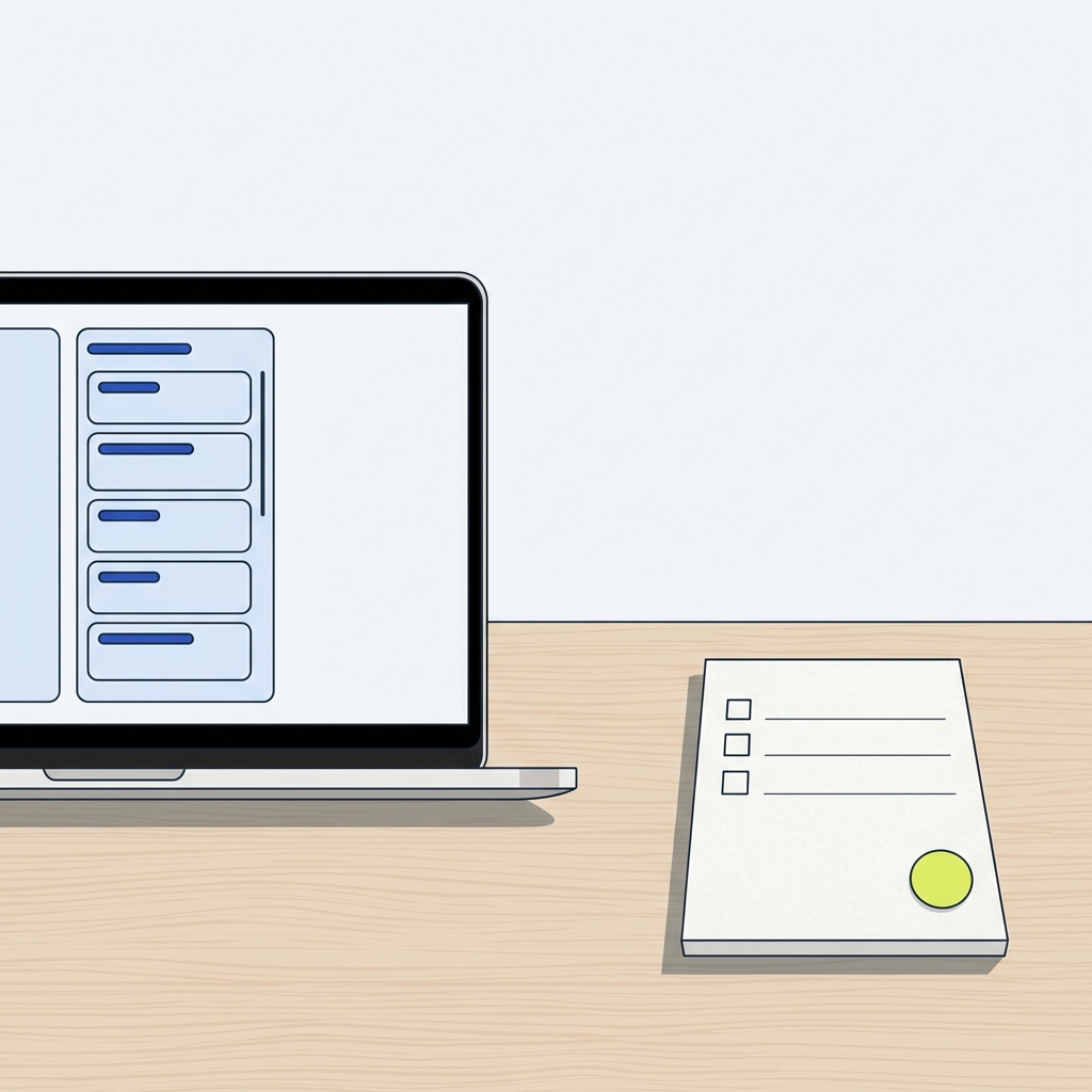 Overhead 2D vector illustration of a minimalist desk with a laptop showing a single column digital board and a paper to do list illustrating project management kanban vs to do list