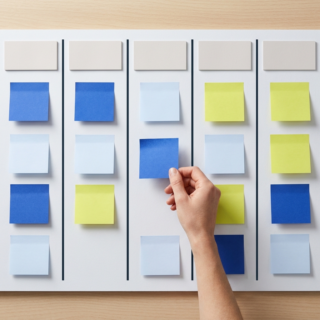 Full frame mockup of a team kanban board with five unlabeled vertical columns for backlog ready in progress review done, sticky notes in blue pale blue and yellow green on a pale background, no visible text, project management kanban vs to do list