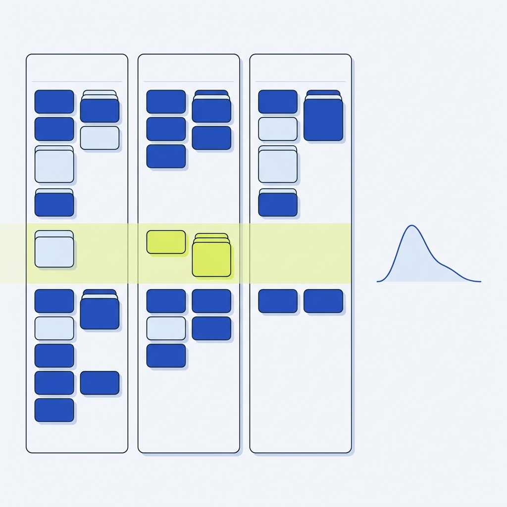 Minimalist 2D vector showing a service kanban board with unlabeled columns rounded cards a small unlabeled cycle time distribution chart and a translucent SLE band in brand colors project management kanban vs to do list