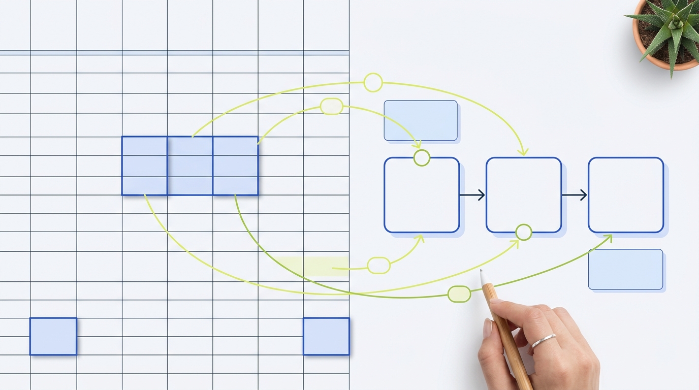 Editorial composition showing a generic spreadsheet on the left and a simple pipeline diagram on the right with colored outlines highlighting tables stages and lookups best CRM for small business spreadsheets