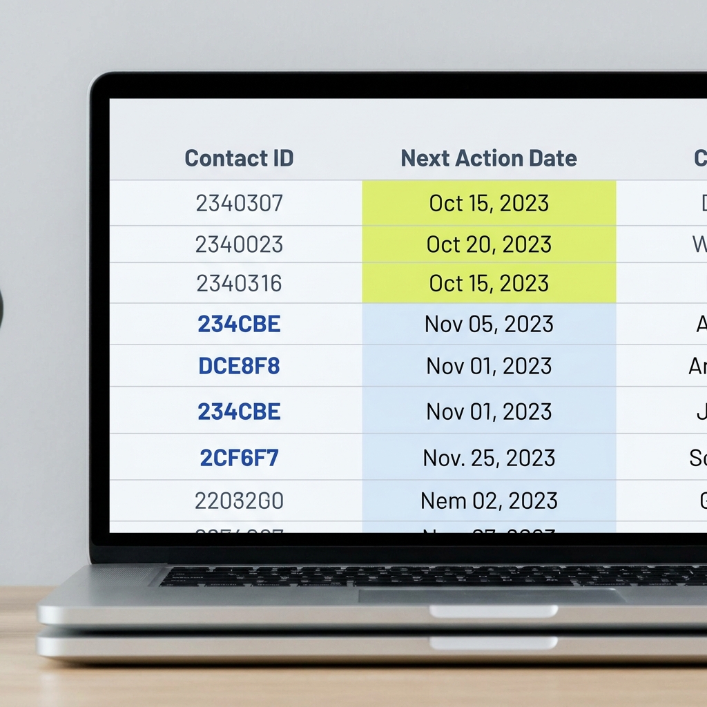 Close up of a spreadsheet showing headers Contact ID and Next Action Date with overdue follow ups highlighted in yellow and blue accents best CRM for small business spreadsheets