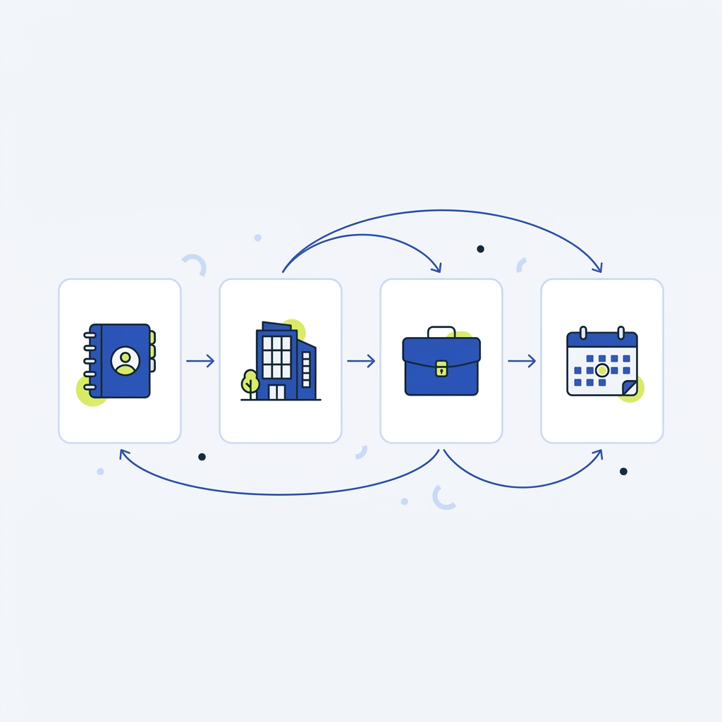 Minimalist 2D vector diagram of four rounded table cards for contacts companies deals activities connected by arrows to indicate lookup relationships in brand palette background #F5F7FA best CRM for small business spreadsheets