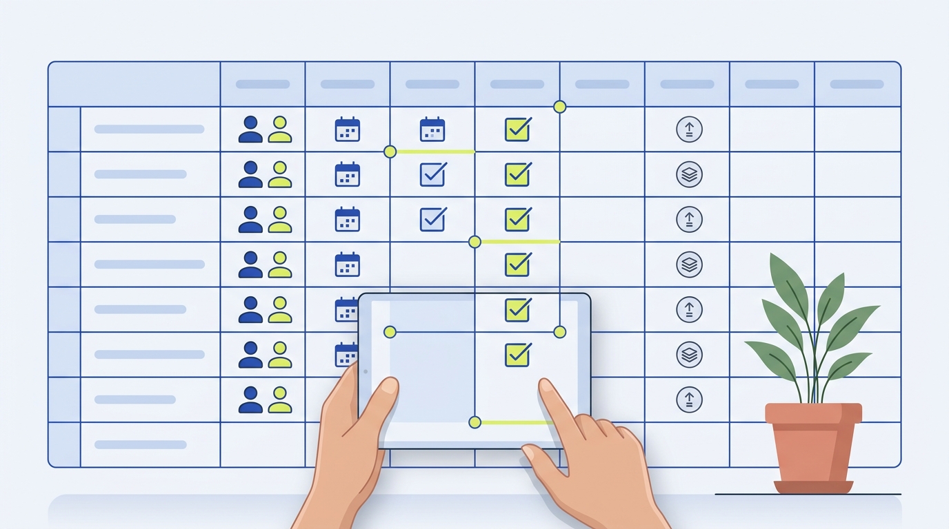 Neutral spreadsheet diagram showing a CRM backbone with person and calendar icons and a capacity badge, best CRM for small business spreadsheets