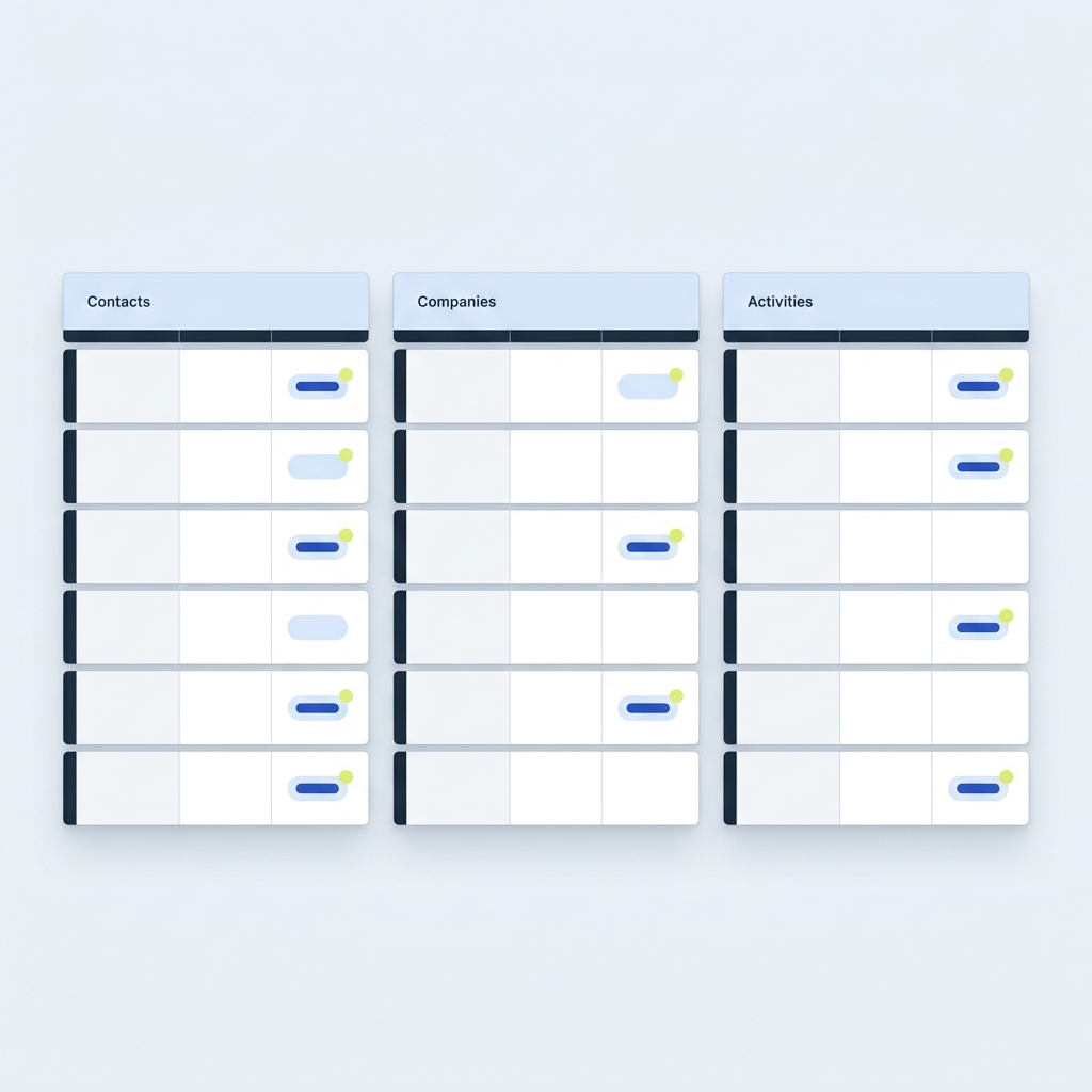 Full frame editorial diagram showing three side by side unlabelled spreadsheet tables representing contacts companies and activities with highlighted id link cells in primary blue and accent green best CRM for small business spreadsheets