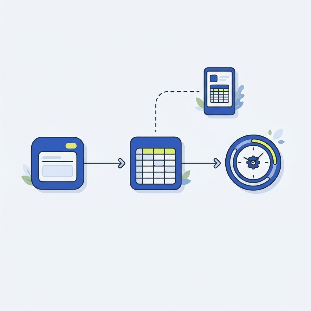 2D vector flow diagram of form to sheet capture with nightly batch processing and optional AppSheet mobile layer in brand colors best CRM for small business spreadsheets